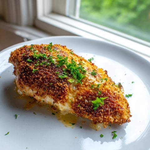 Golden-brown roasted garlic Parmesan chicken breasts fresh from the oven, with a crisp, herb-flecked crust and melted butter glistening on top.  