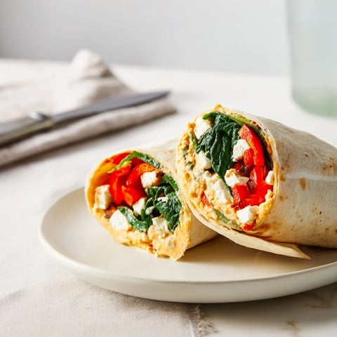 Fresh Mediterranean Veggie Wrap with creamy hummus, roasted red peppers, spinach, and crumbled feta cheese on a soft tortilla.