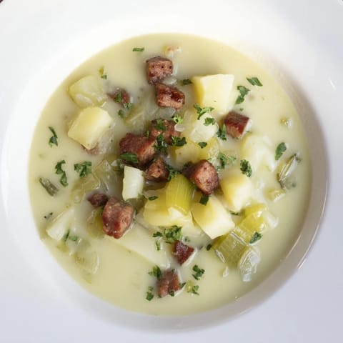 A close-up of creamy Potato, Leek & Chorizo Soup, with visible chunks ready for a comforting bite.
