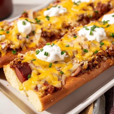 Cheesy, baked Chili Dog Casserole, with visible hot dogs, onions, and chili, ready to serve and enjoy.