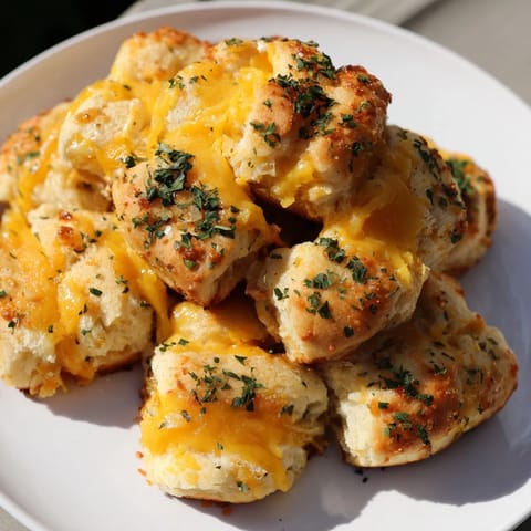 A close-up of cheesy, savory Mini Cheddar Bay Biscuit Pull-Aparts, perfect for a flavorful appetizer.
