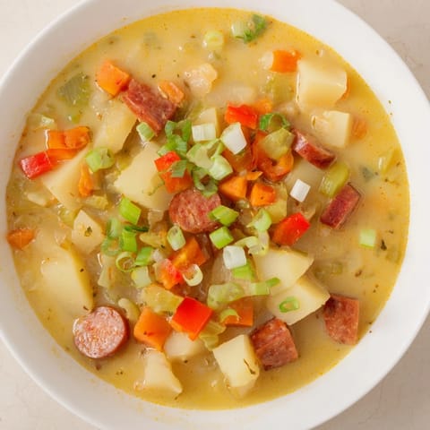 A steaming bowl of Slow Cooker Cajun Potato Soup, garnished with green onions and parsley.