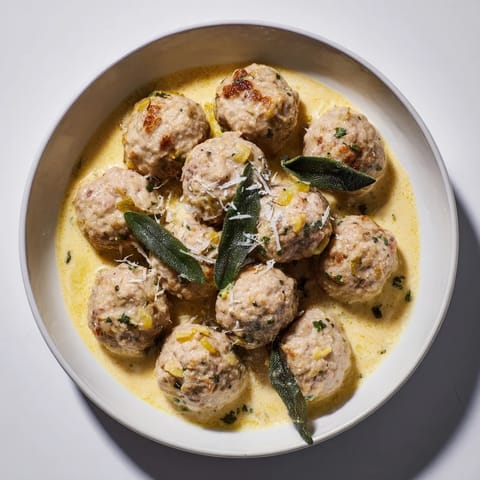 A close-up of piping-hot Turkey Meatballs with Pumpkin Sage Sauce atop a bed of creamy polenta.