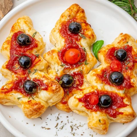 Cheesy, tomato-topped Puff Pastry Christmas Tree Pizza Bites fresh from the oven, ready to serve and enjoy.