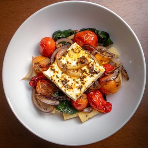 Vibrant image of One-Pan Baked Feta Christmas Pasta; a Mediterranean delight perfect for holiday gatherings.