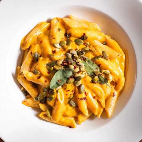 A close-up view of creamy Vegan Creamy Pumpkin Pasta, showcasing the rich pumpkin sauce's texture.