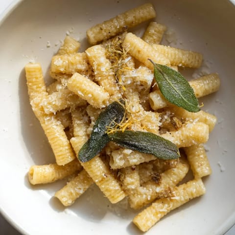 A close-up of brown butter & sage ditalini showcasing the rich sauce and perfectly cooked pasta.