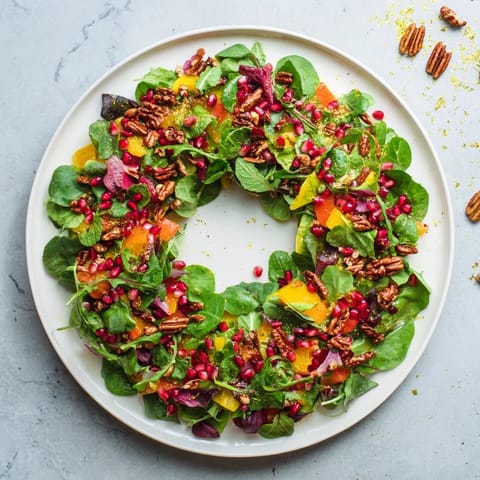 Creamy feta, crunchy nuts, and ruby pomegranate seeds make this Pomegranate Feta Wreath Salad beautiful.