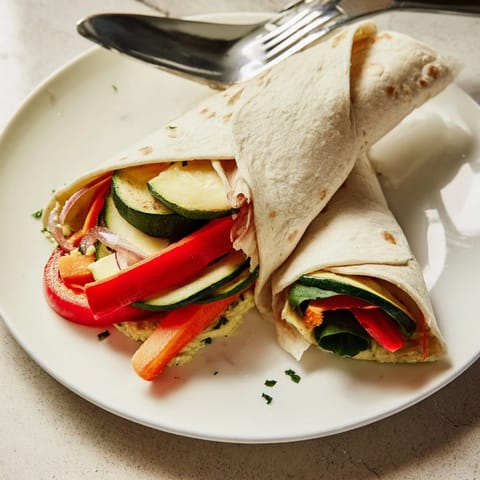 The Snowflake Hummus & Roasted Veggie Wrap offers a satisfying lunch, featuring vibrant vegetables and flavorful hummus.