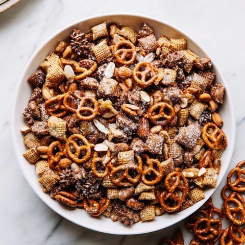 Sweet and salty Festive Pine Cone Snack Mix drizzled with decadent, warm butter sauce.