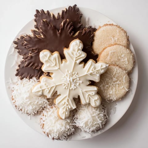Imagine the Snowflake Dessert Board: a festive spread of white cookies and glistening sugared cranberries.