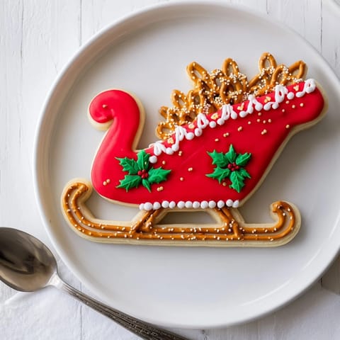Close-up of a whimsical Santa's Sleigh cookie presentation, featuring reindeer, stars, and colorful details.