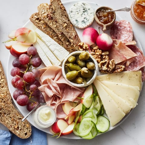 A beautifully arranged Cheval Heureux Snack Board, filled with cheeses, meats, fresh fruits, and crackers.