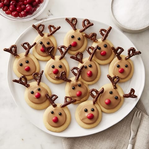 Delectable Santa's Reindeer Cookie Platter with pretzels as antlers and shiny red noses, a delightful dessert.