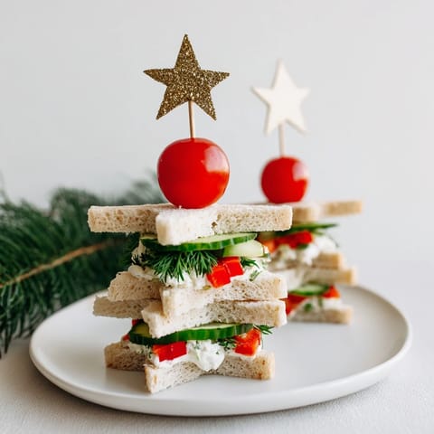 Homemade Stacked Star Christmas Tree Sandwiches with cream cheese filling, perfect for a holiday party spread.