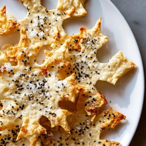 Golden, crispy gourmet snowflake crackers, artfully arranged on a cheese board, ready to serve guests.