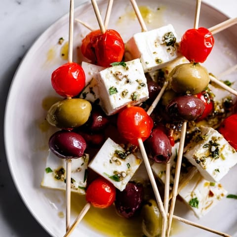 Festive Holiday Cheers Olive and Feta Skewers await, layered with olives, tomatoes, and creamy feta for a bite.