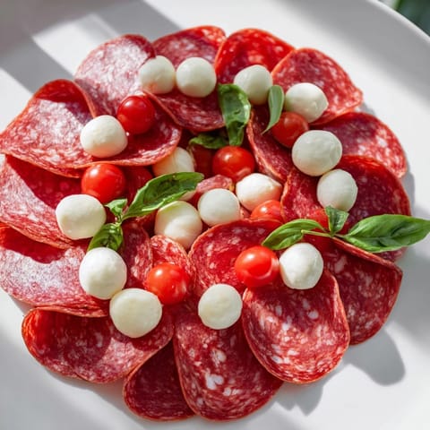A festive folded salami wreath appetizer with mozzarella and basil, perfect for holiday charcuterie boards.