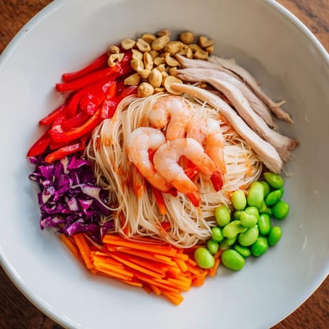This Asian Fusion Noodle Bowl Board bursts with fresh flavors, featuring dipping sauces and a beautiful arrangement.