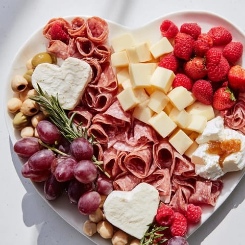 Heart-shaped charcuterie board brimming with savory meats, creamy cheeses, and fresh vibrant fruits, ready to serve.