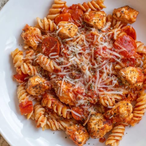 A close-up of delicious One-Pan Pizza Pasta with pepperoni and herbs, ready to serve and enjoy.