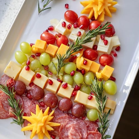 This Christmas Tree Charcuterie Dream displays colorful cheeses, meats, and fresh fruits, perfect for holiday entertaining.