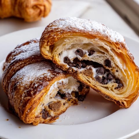 Warm, buttery Cookie Croissant ready to eat, with melted chocolate and a dusting of powdered sugar.