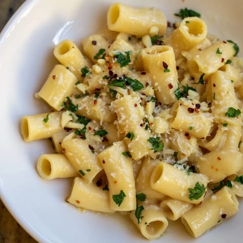 Close-up photo of creamy ditalini pasta, perfectly coated for a comforting, Italian-American dinner.