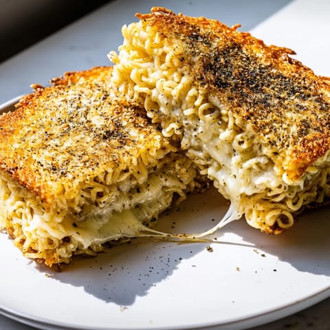 A steaming Ramen Grilled Cheese sandwich, showing the perfectly melted cheese oozing between noodle buns.