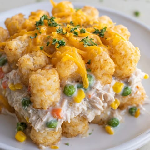 Golden brown Crispy Tater Tot Casserole bursting with creamy chicken and vibrant mixed veggies, ready to enjoy.