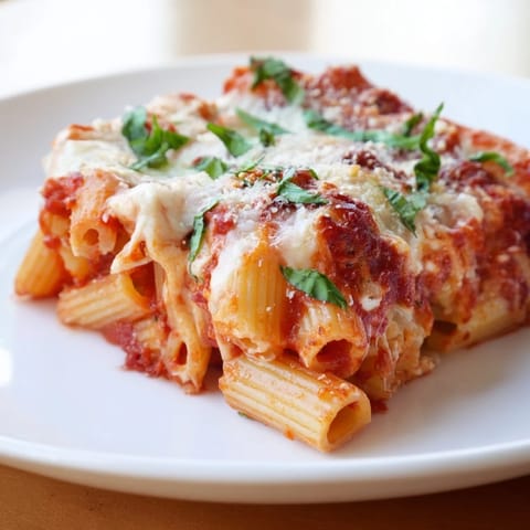 Steaming hot Cheesy Baked Ziti, showing melted mozzarella and rich marinara sauce, perfect for dinner.