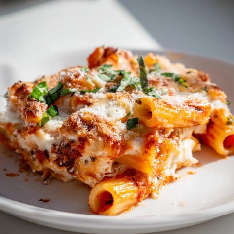A casserole dish overflowing with golden, bubbly Cheesy Baked Ziti, ready to serve with family.