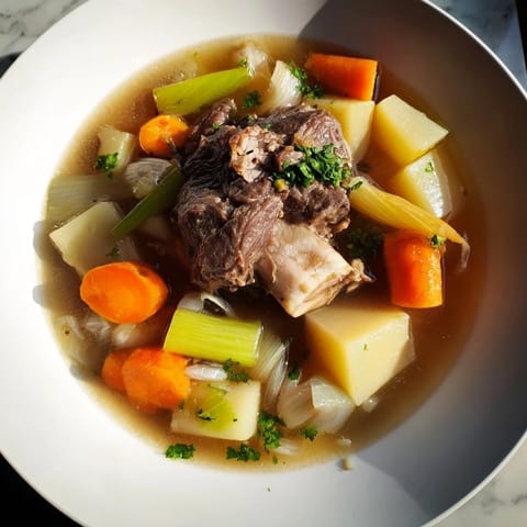 This flavorful Welsh Cawl is a close-up shot of the rich stew, ready to serve with bread.
