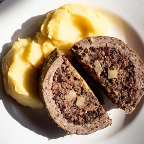 Steaming Scottish haggis, savory pudding speckled with oats, served hot with mashed turnips and potatoes.