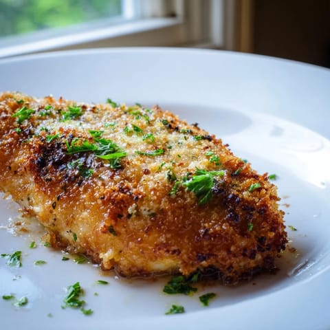Tender chicken coated in a savory garlic Parmesan breadcrumb mixture, baked to perfection and served hot alongside a simple green salad.  