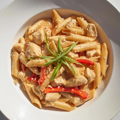 Sweet Chili Chicken Pasta tossed with penne and red bell peppers, steaming with a rich, sweet, and spicy aroma.