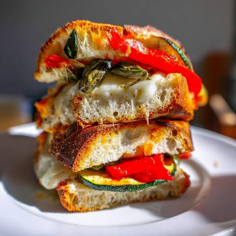 Savory Roasted Veggie Caprese Grilled Cheese resting on a rustic board, with melted cheese pulling from the warm, toasted sandwich.