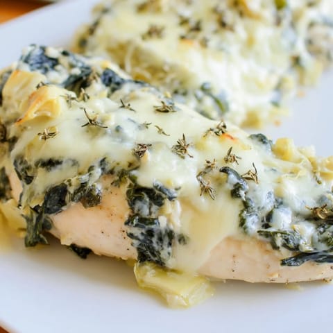 Golden-brown Spinach & Artichoke Chicken Bake sits bubbly and hot in a white baking dish, with a spoonful of creamy topping ready to serve.