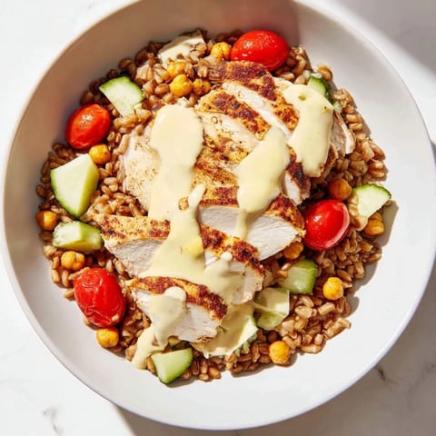 A close-up of the Lemon Tahini Chicken Power Bowl shows glossy lemon tahini drizzled over chickpeas, cherry tomatoes, and sliced chicken on a bed of hearty farro.