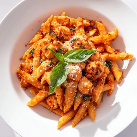 A close-up of finished Tomato Basil Chicken Pasta, with steam rising and rich red sauce coating every piece of short pasta.