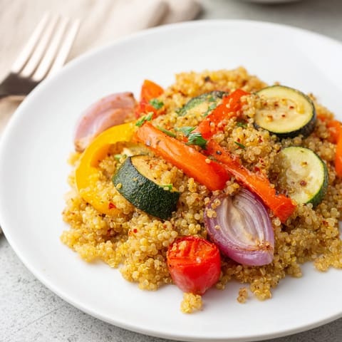 A close-up of the quinoa vegetable pilaf, featuring fluffy grains mixed with roasted bell peppers, zucchini, and carrots, garnished with fresh parsley and a lemon wedge.  