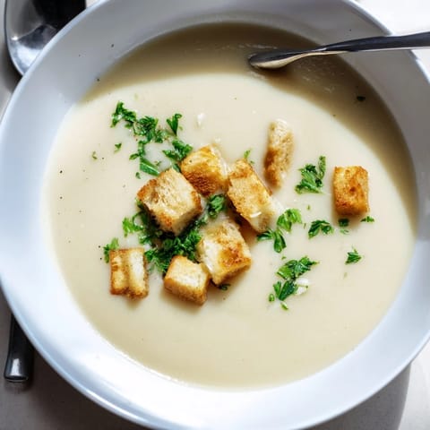 An immersion blender purées the Roasted Garlic Soup base featuring russet potatoes and sweet caramelized cloves.