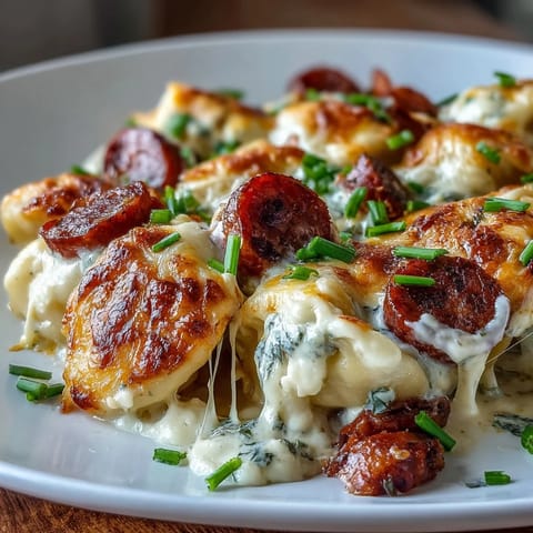 Golden, bubbly cheddar cheese tops slow-cooked pierogi and kielbasa in a creamy sauce.