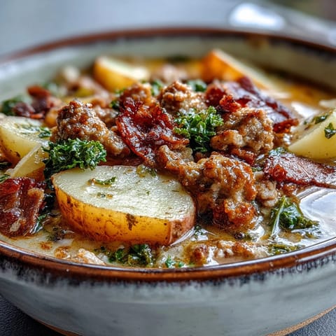 Creamy Italian Sausage Soup with crispy bacon and wilted kale in a rustic bowl.
