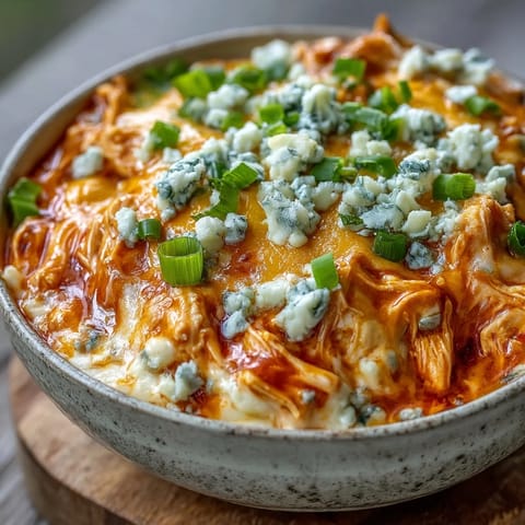 Crock Pot Buffalo Chicken Dip Soup steaming in a bowl, topped with green onions and crumbled blue cheese.