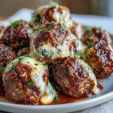 Serving suggestion for Cheesy, Garlicky Meatballs With Marinara over creamy polenta with a rustic Italian spoon.