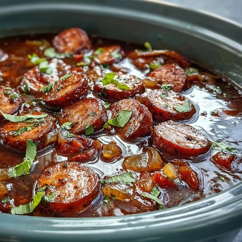 Hearty Crock Pot BBQ Cocktail Sausage Soup in rustic bowls, garnished with parsley and served alongside crusty bread for dipping.