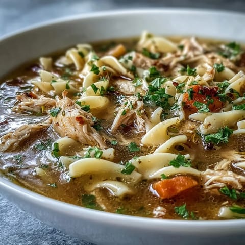 Homemade Instant Pot Chicken Noodle Soup steaming in a bowl with tender shredded chicken, carrots, and egg noodles.