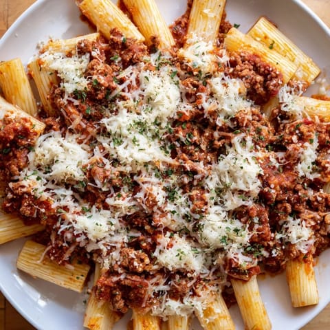 Baked Ziti with Meat Sauce bubbling with melted mozzarella, a classic comfort food casserole.
