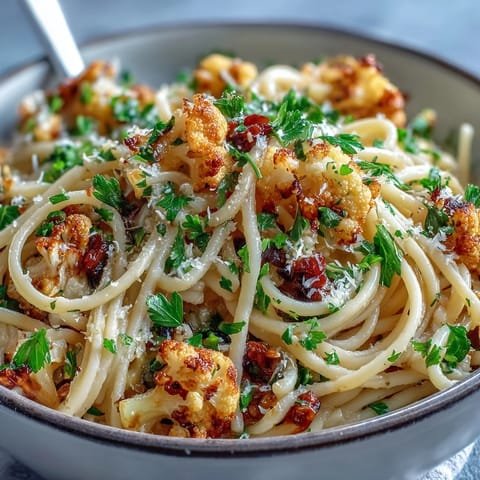 Lemon zest and parsley garnish this vibrant Cauliflower, Anchovy and Raisin Spaghetti, served ready to eat.